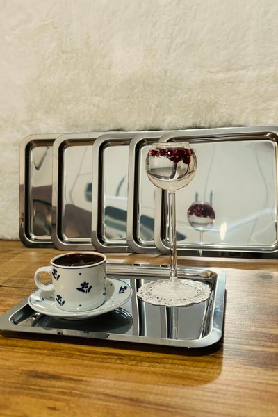 Yaren Style 6-Piece Luxury Stainless Steel Square Tea, Coffee, Cake Serving Decorative Presentation Tray