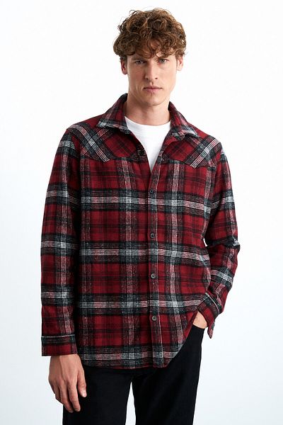 GRIMELANGE Men's Red Cotton Shirt - Allenı Lumberjack Collar Relaxed