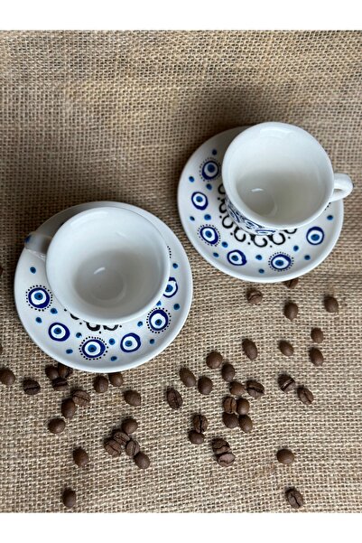 naturalife Handmade Evil Eye Bead Patterned Set of 4 Ceramic Coffee Cups & Saucers