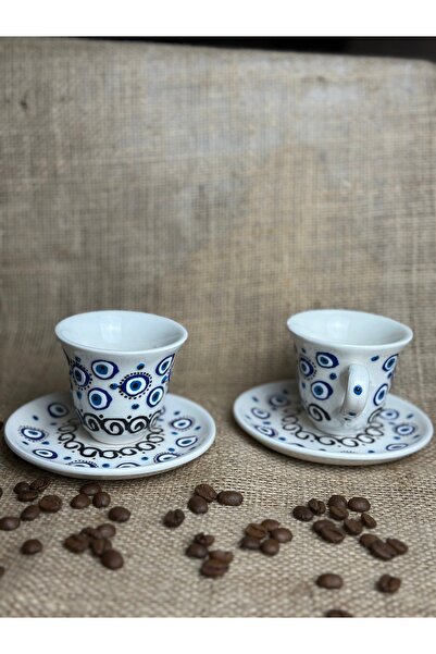 naturalife Handmade Evil Eye Bead Patterned Set of 4 Ceramic Coffee Cups & Saucers