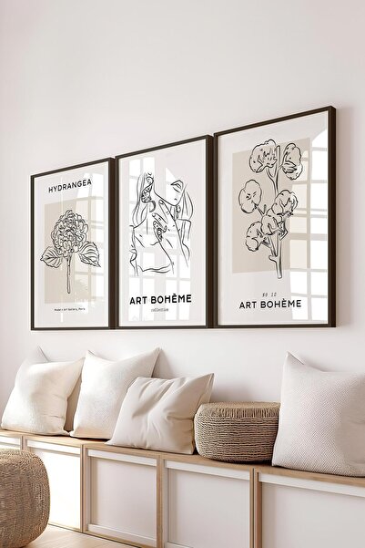 Postifull Çerçeveli Tablo Seti, 3 Adet Siyah Çerçeve ve Minimalist Çizim Tema...