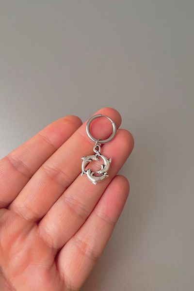 Jaida Moda Unisex Silver Dolphin Figured Steel Hoop Earrings