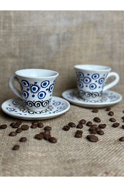 naturalife Handmade Evil Eye Bead Patterned Set of 4 Ceramic Coffee Cups & Saucers