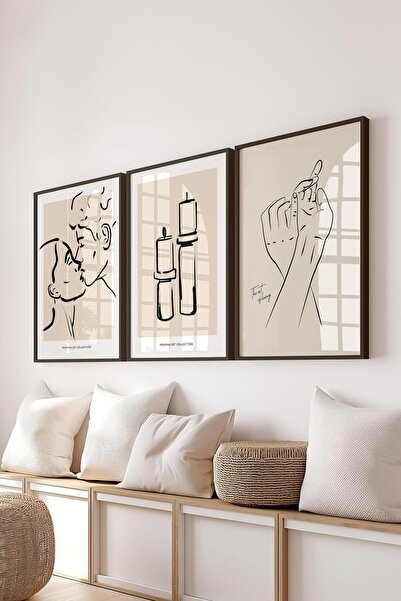 Postifull Çerçeveli Tablo Seti, 3 Adet Siyah Çerçeve ve Minimalist Çizim Tema...