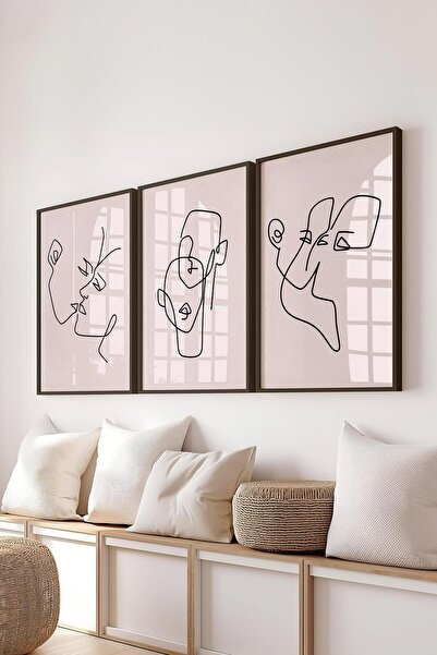 Postifull Çerçeveli Tablo Seti, 3 Adet Siyah Çerçeve ve Minimalist Çizim Tema...