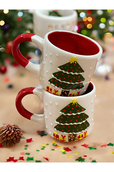 SeraCEY 2 ‘ Li Yılbaşı Özel Kabartmalı Kırmızı Renk Ağaç Desenli El Yapımı Seramik Kupa