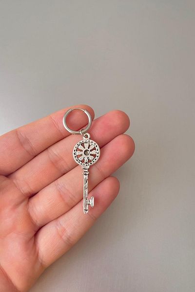 Jaida Moda Unisex Silver Key Figured Dangle Steel Hoop Earrings