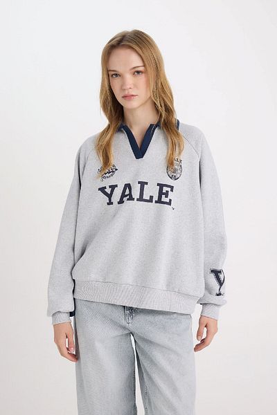 DeFacto Yale University Oversize Wide Fit Polo Neck Printed Thick Sweatshirt D7001Ax24Wn