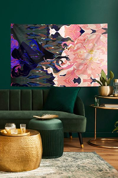 Dokumio قماش حائط منقوش عليه زهور من Fairy Girl and Samurai's Love Out