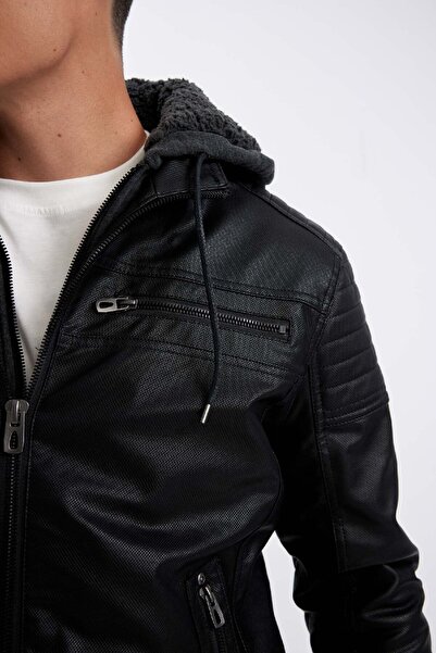 DeFacto Faux Leather Slim Fit Hooded and Zippered Plush Lined Coat N9693Az24Wn