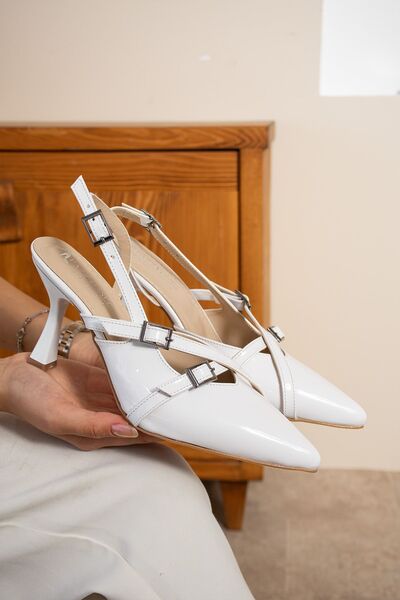Pazzyonez White Patent Leather Biana - Double Banded Buckle Detailed Open Classic Heeled Women's Shoes