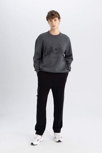 DeFacto Ανδρικό φούτερ Anthracite Boxy Fit Crew Neck με στάμπα D2023ax24au
