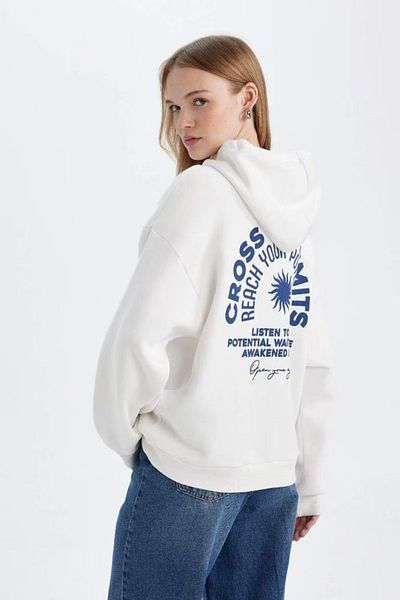 DeFacto White Oversize Hooded Sweatshirt - Thick, Back Print D6878Ax24Wn