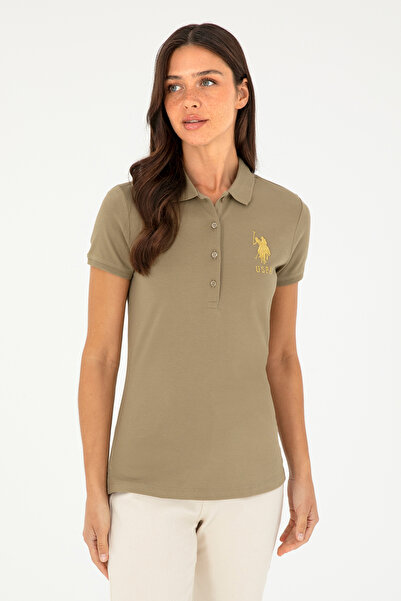 U.S. Polo Assn. Γυναικείο μπλουζάκι με λαιμόκοψη χακί βασικό 50280071-VR027