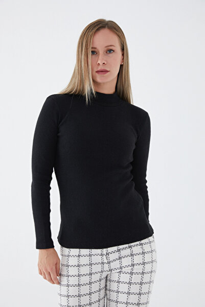 KaSheHa Siyah Dik Yaka Kaşkorse Balıkçı Ince Fitilli Triko Kazak