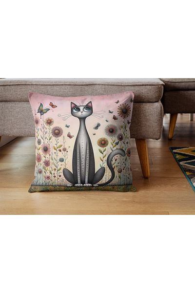 CİMENS Digital Printed Gift Sofa 4-Piece Throw Pillow Pillow Case |   Butterfly Flower Light Color Cat Pattern