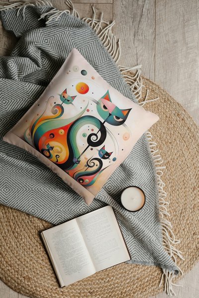 CİMENS 4-Piece Digital Printed Gift Sofa - Cat Patterned Pillow with Orange, White and Blue Drawings