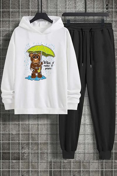 aynewmoda Bear Printed White Hooded Rain Standing Sweatshirt and Black Oversize Sweatpants