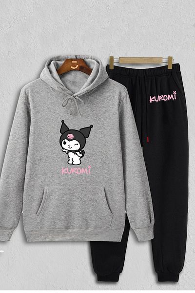 aynewmoda Φούτερ Kuromi Grey Hooded και μαύρο oversize φούτερ - εμπριμέ πάνω και κάτω