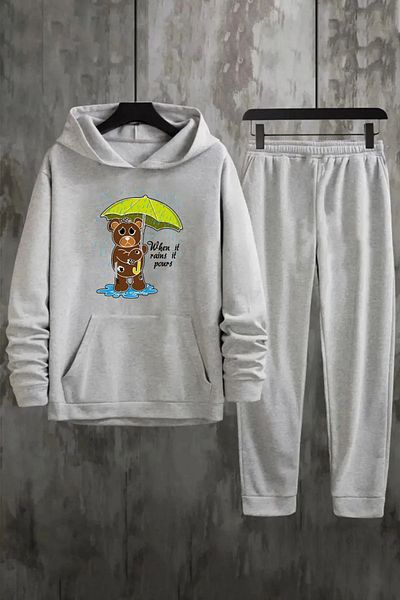 aynewmoda Bear Printed Standing in the Rain Gray Oversize Hooded Sweatshirt and Sweatpants