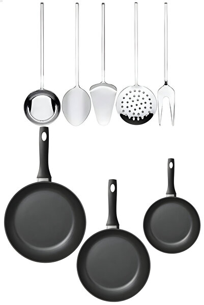 DORRY HOME 8 Parça 3 Boy Tava Çelik Kepçe Spatula Kaşık Kevgir Çatal Seti, Ye...