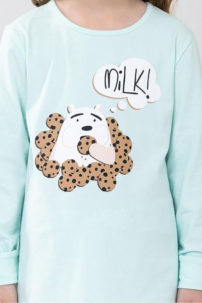 BAYKAR Girls' Cotton Printed Crew Neck Long Sleeve Cuffed Pajamas Set 9232 Aqua Green