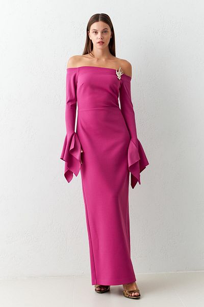 Setre Fuchsia Full Fit Maxi Length Dress with Shoulder and Sleeve Detail