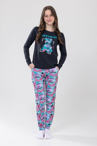 BAYKAR Girls' 9236 Anthracite - Long Sleeve Pajamas Set with Crew Neck and Cuff