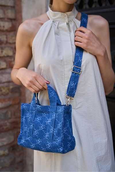 Madamra Damen Denim Crossbody Blau gemusterte Canvas Tasche