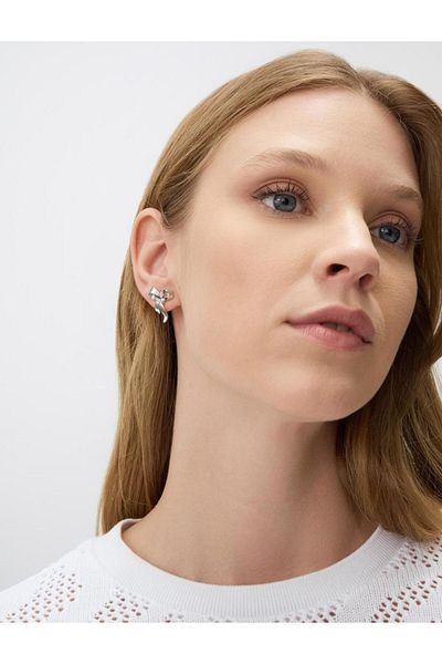 Jimmy Key Silver Color Bow Figured Elegant Earrings