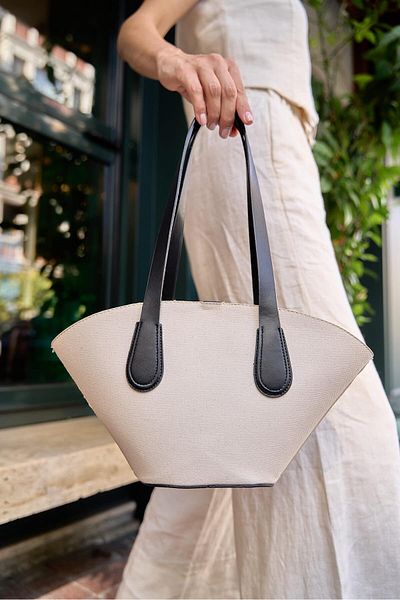 Madamra Shopper-Tasche aus Canvas in Lederoptik für Damen - Cremeschwarz