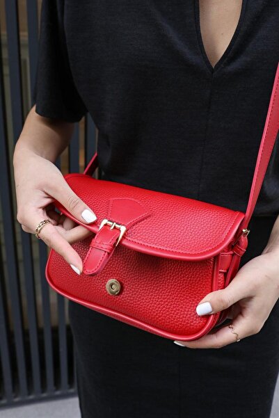 Madamra Red Women's Buckle Closure Crossbody Bag
