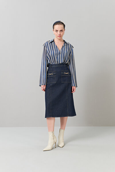 Roman Aksesuar Detaylı Denim Midi Boy Etek Lacivert K2515018_015