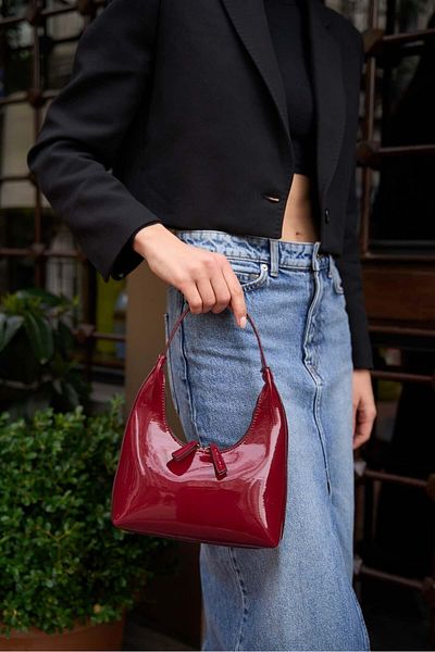 Madamra Claret Red Patent Leather Women's Double Zipper Baguette Hand and Shoulder Bag