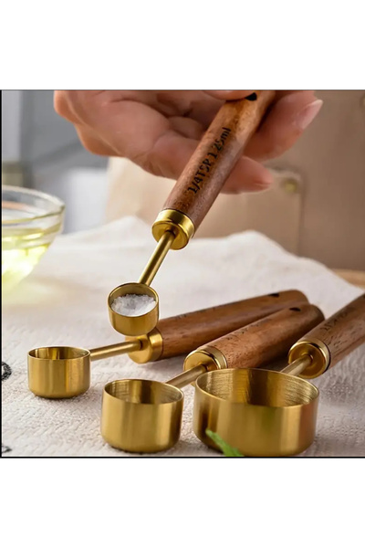 MİMOZA PARK 8-Piece Gold Wooden Handle Measuring Spoon Socket - Handle Measured