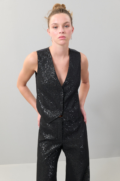 Roman Çıtçıt Detaylı V Yaka Payet Üzeri Şifon Yelek Siyah K2517013_001