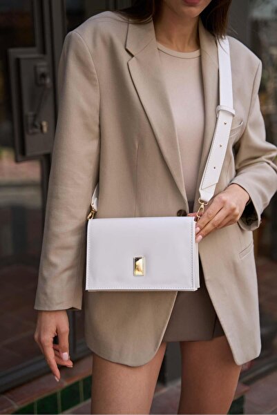 Madamra White Women's Gold Detailed Thick Strap Shoulder Bag