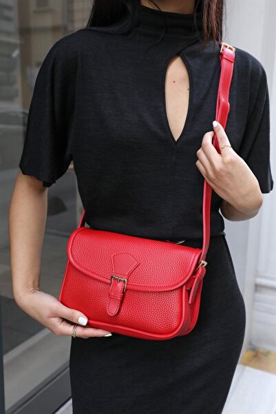 Madamra Red Women's Buckle Closure Crossbody Bag