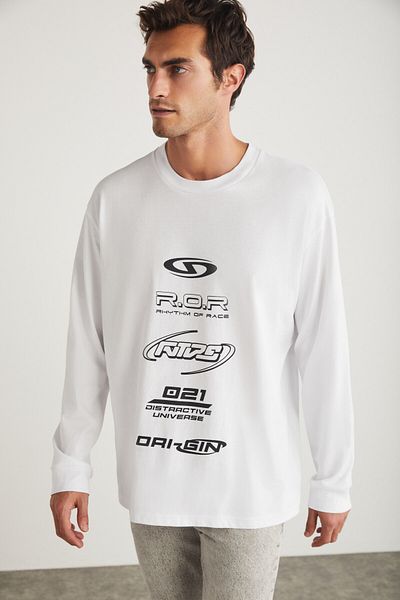 GRIMELANGE Men's White T-Shirt - 100% Organic Cotton, Print Detail, Long Sleeve, Oversize Fit