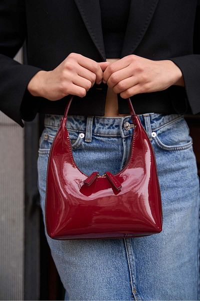 Madamra Claret Red Patent Leather Women's Double Zipper Baguette Hand and Shoulder Bag