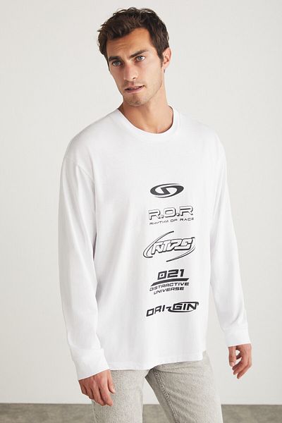GRIMELANGE Men's White T-Shirt - 100% Organic Cotton, Print Detail, Long Sleeve, Oversize Fit