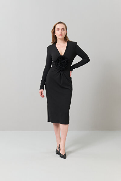 Roman Çiçek Aksesuarlı Örme Vyaka Midi Boy Elbise Siyah K2521005_001