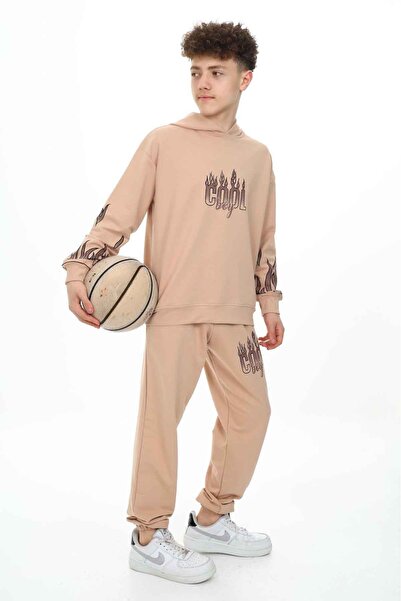 Cansın Mini Krem Cool Yazılı Erkek Çocuk Kapüşonlu Eşofman Takımı 19585