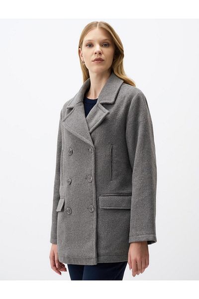 Jimmy Key Gray Melange Button Detailed Short Stamped Wool Coat