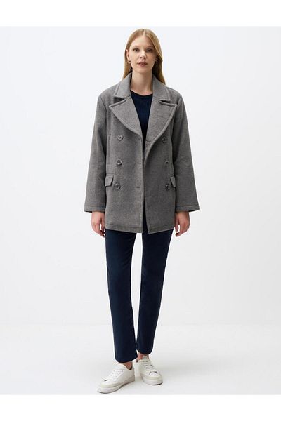 Jimmy Key Gray Melange Button Detailed Short Stamped Wool Coat