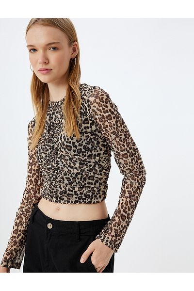 Koton Leoparden-Tüllbluse, kurzärmelig, Rundhalsausschnitt, gerafft