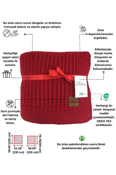 DALİSA Rebecca Red Knitwear Soft Sofa Shawl - Children's Blanket, 130x150