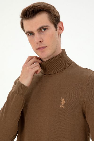 U.S. Polo Assn. Men's Slim Fit High Collar Khaki Melange Basic Sweater 50288884-Vr125