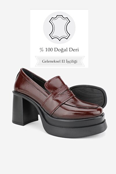 TUNAELLİ Women's Claret Red Patent Leather Genuine Leather High Heeled Platform Loafer Shoes