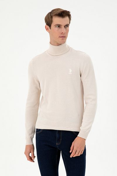 U.S. Polo Assn. Ανδρικό πουλόβερ Slim Fit Cream Melange Basic - Ψηλός γιακάς 50288884 -vr159